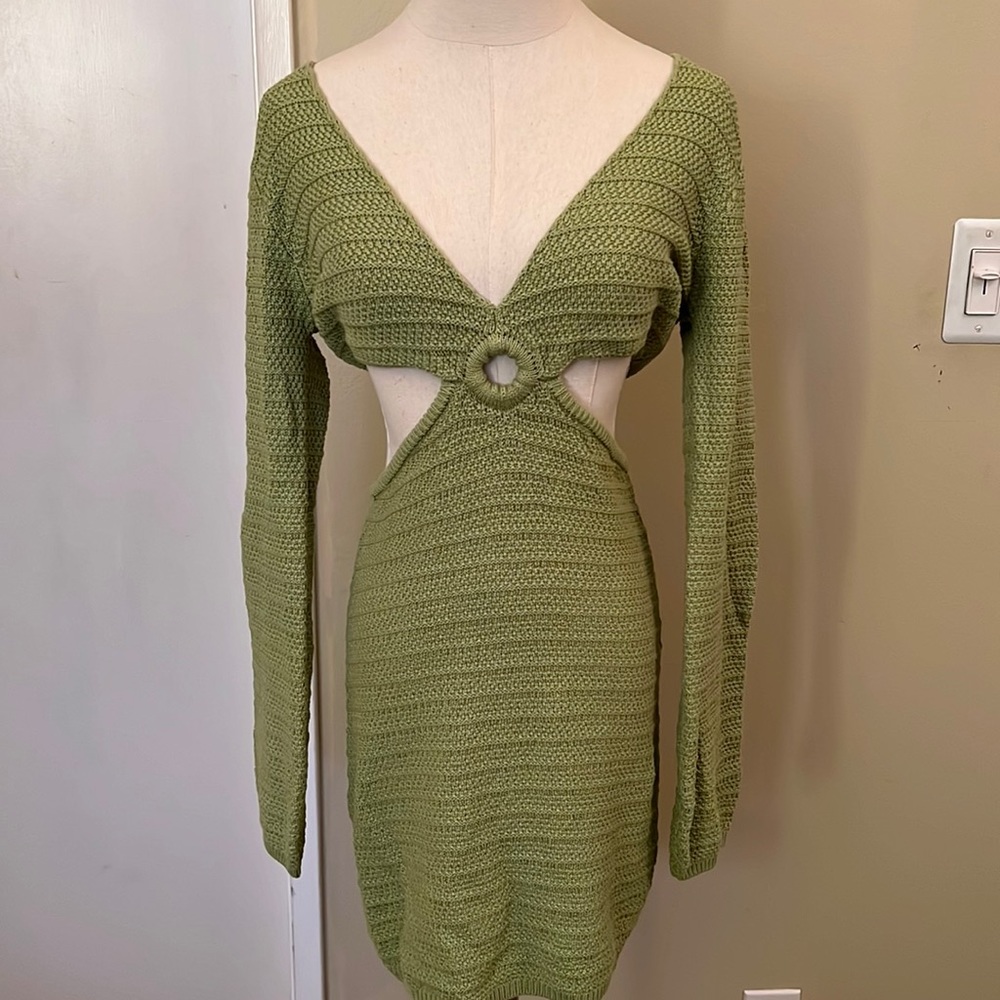 Green Knit Cutout Mini Dress